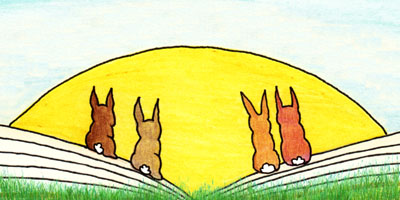 4 Kaninchen freuen sich über den Sonnenaufgang